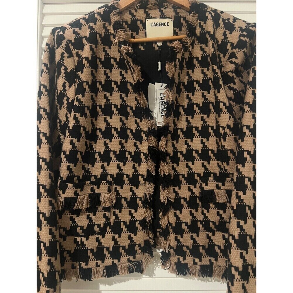 NWT L'AGENCE Angelina Houndstooth Open Front Blazer in Cappuccino Black Brown - Picture 8 of 16